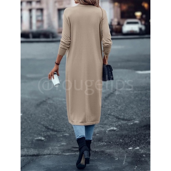 Beige Khaki Tan Light Duster Cardigan Open Long Sleeve  Knit, Stretchy - Picture 4 of 8
